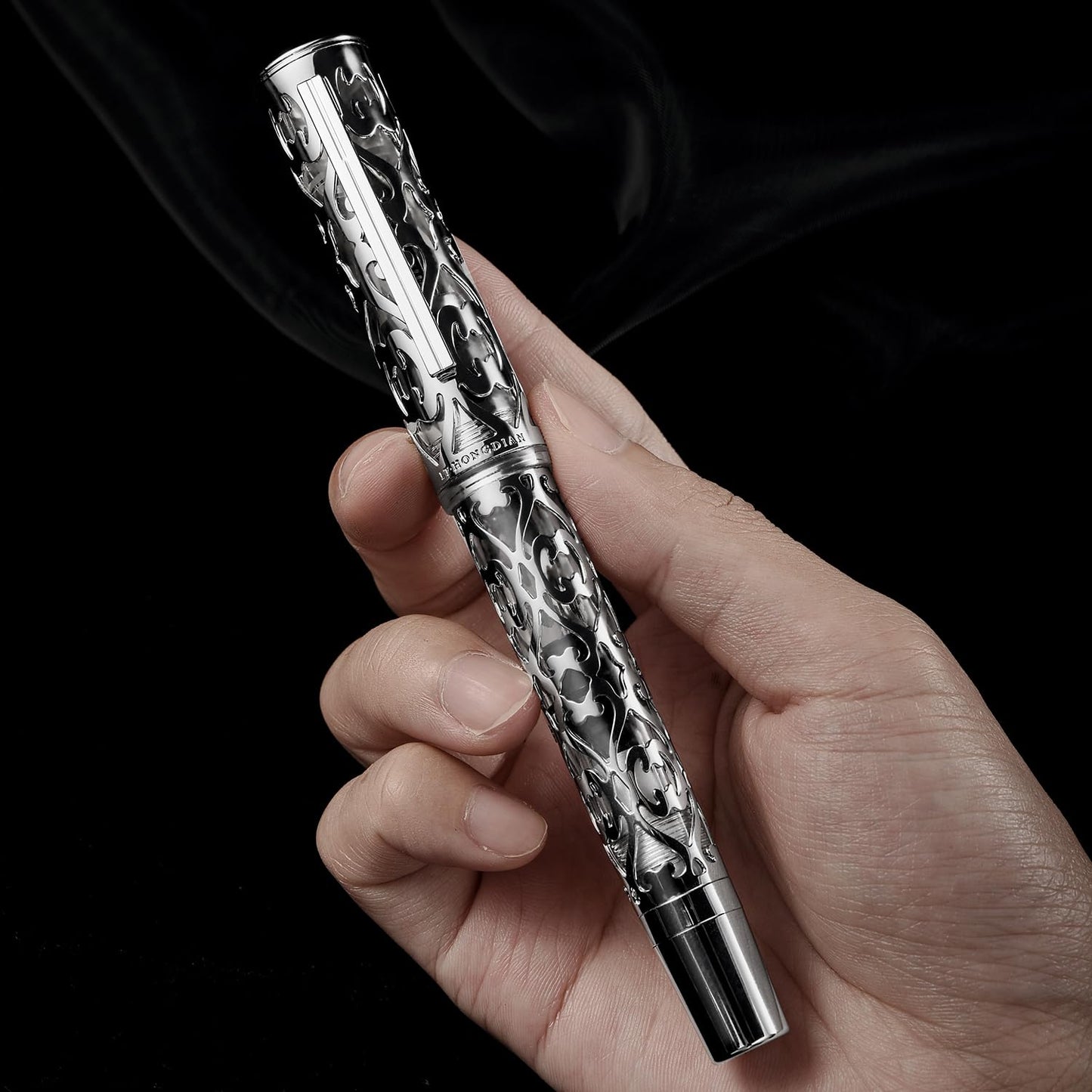 HONG DIAN D1 Piston Fountain Pen Fine Nib, Hollow Skeleton & Resin with Metal Case Set (Silver)
