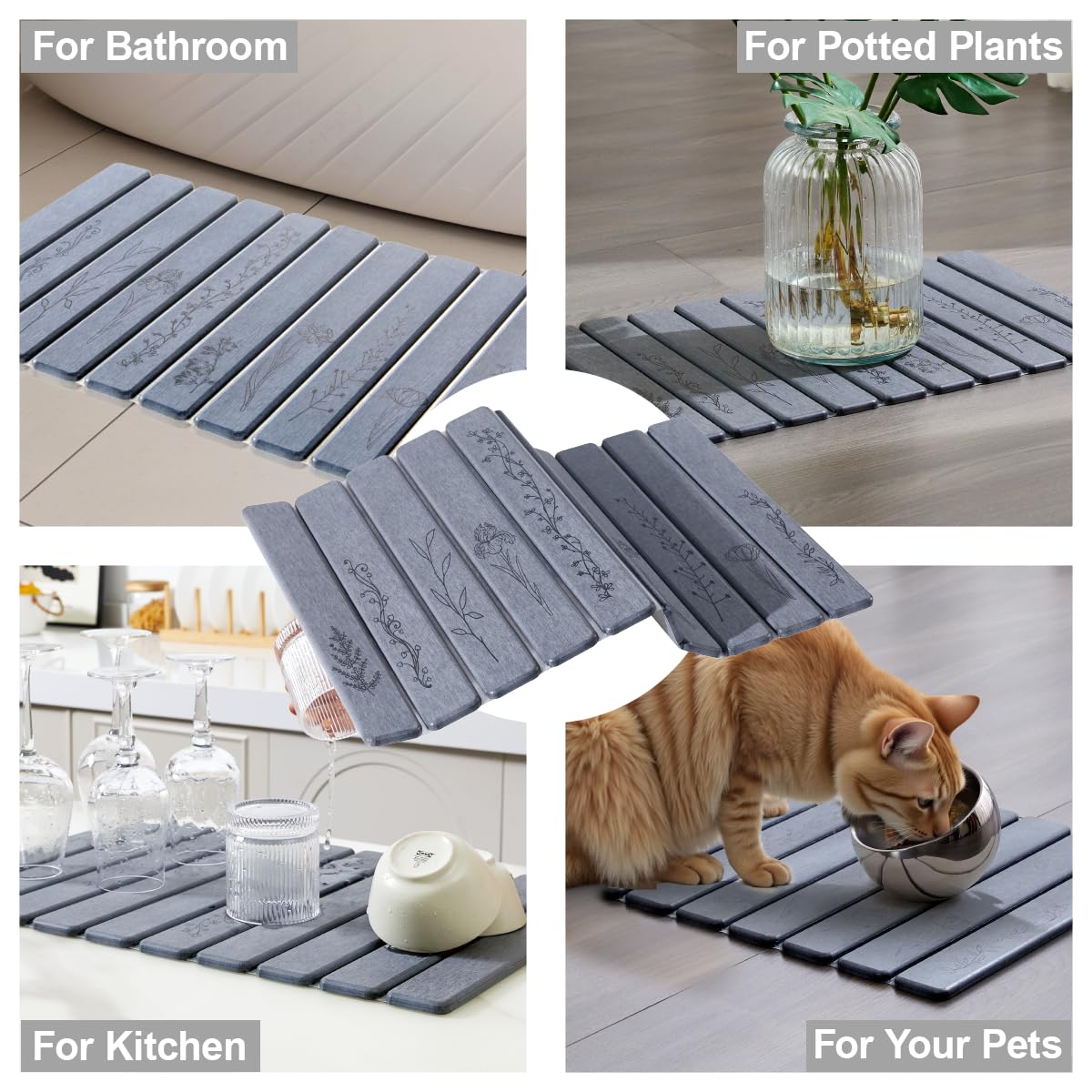 INFISIBLE Foldable Stone Bath Mat - 24x16, Super Absorbent Diatomaceous Earth Large Bath Mats for Bathroom, Quick Dry Non-Slip Stone Drying Mats for Kitchen Counter & Bathtub (Dark Gray Floral Decor)