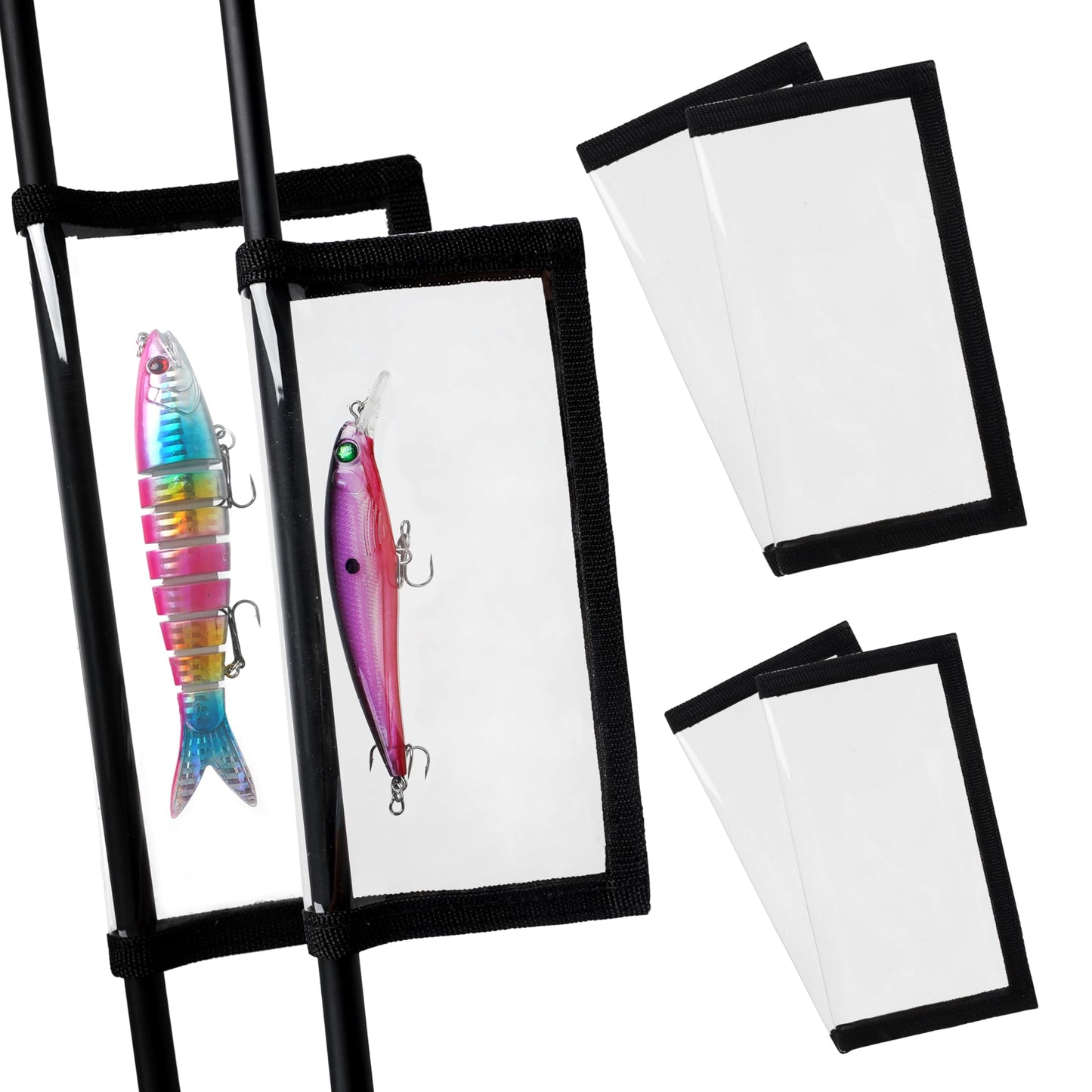Fishing Lure Wraps for Fishing Rod with Velcro 4 Packs Bait Storage Covers Clear PVC Lure Protector Medium Large Sizes (M+L-BLACK-4PCS)