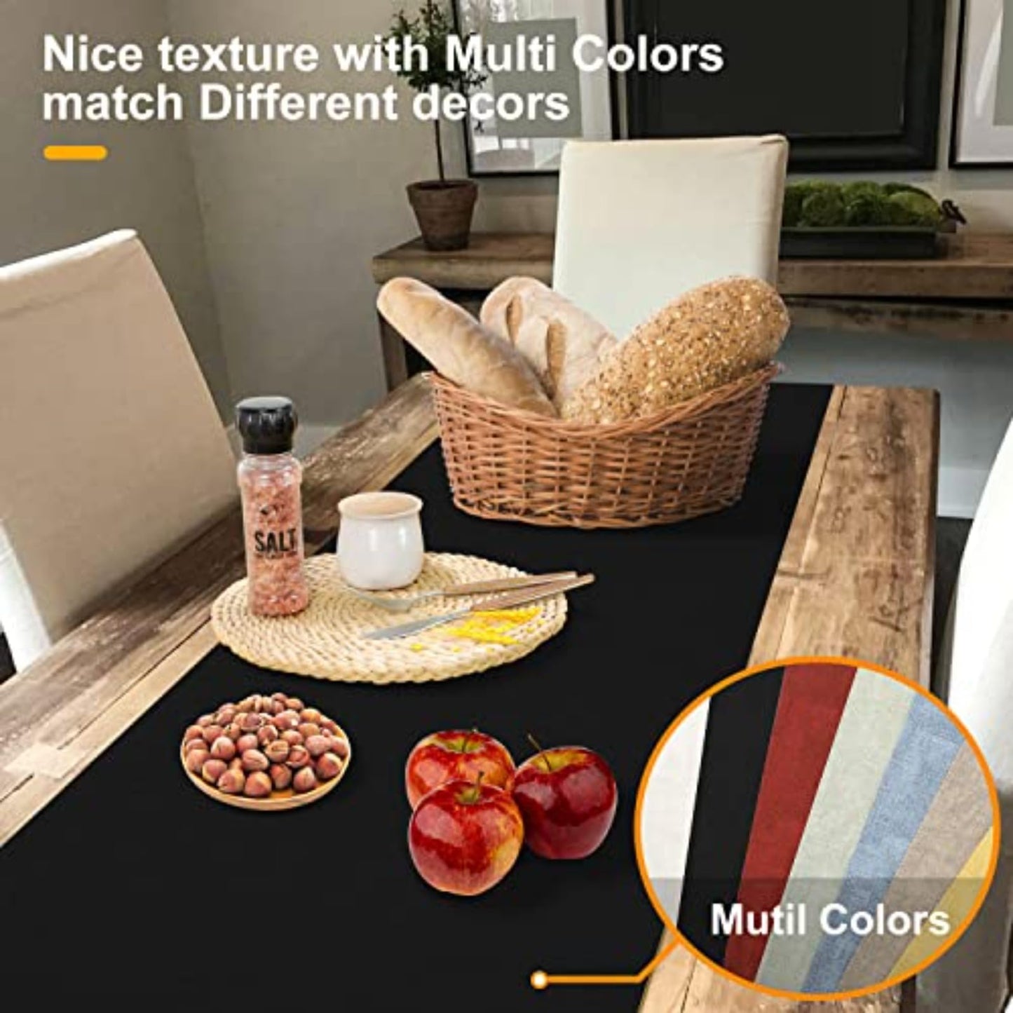 Rinpon Waterproof Wipeable Table Runner, Thick Farmhouse Table Runner, Dresser Runner, Rustic Table Runner for Kitchen Dining Room, Bedroom, Living Room, Indoor and Outdoor (72'',Black)