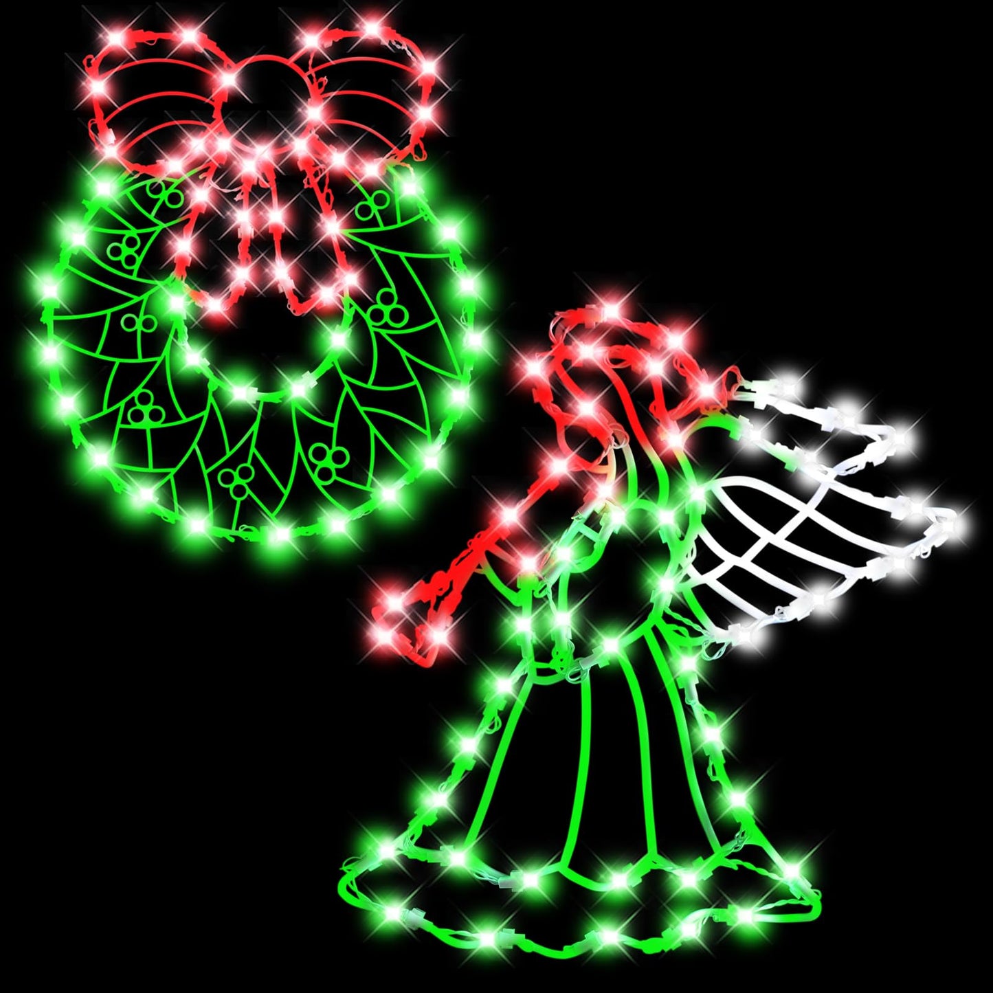 16" Christmas Window Silhouette LED Lights Decorations with Battery Powered, Pack of 2 Sign Lighted Wreath and angel Christmas Window Lights for Indoor Wall Door Glass Decor, window hanging lights