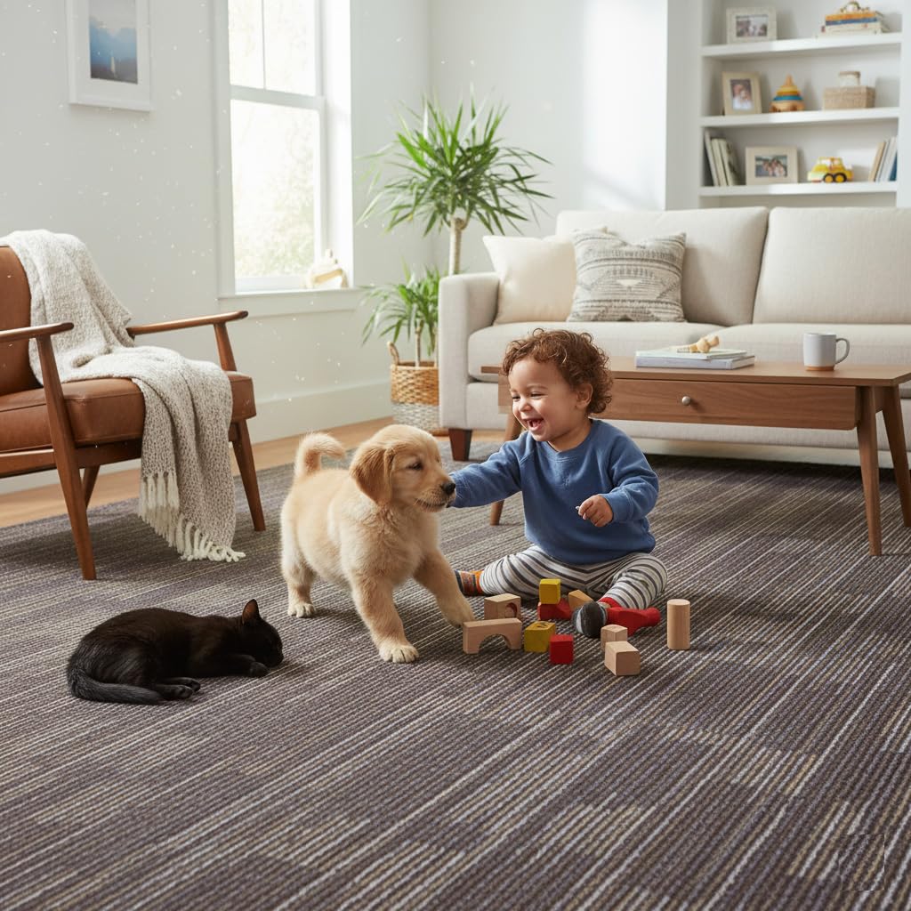 SHNOSU Carpet Floor Tiles 24” x 24” Commercial Carpet Squares 18 Pcs Non-Slip Office Soft Tiles DIY Installation for Living Room Bedroom Study Hotel, Brown