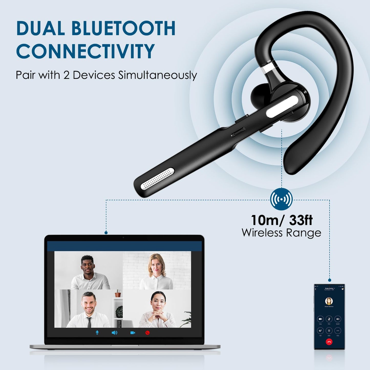 ICOMTOFIT Bluetooth Headset, Wireless Bluetooth Earpiece V5.0 Hands-Free Earphones with Built-in Mic for Driving/Business/Office, Compatible with iPhone and Android (Black)