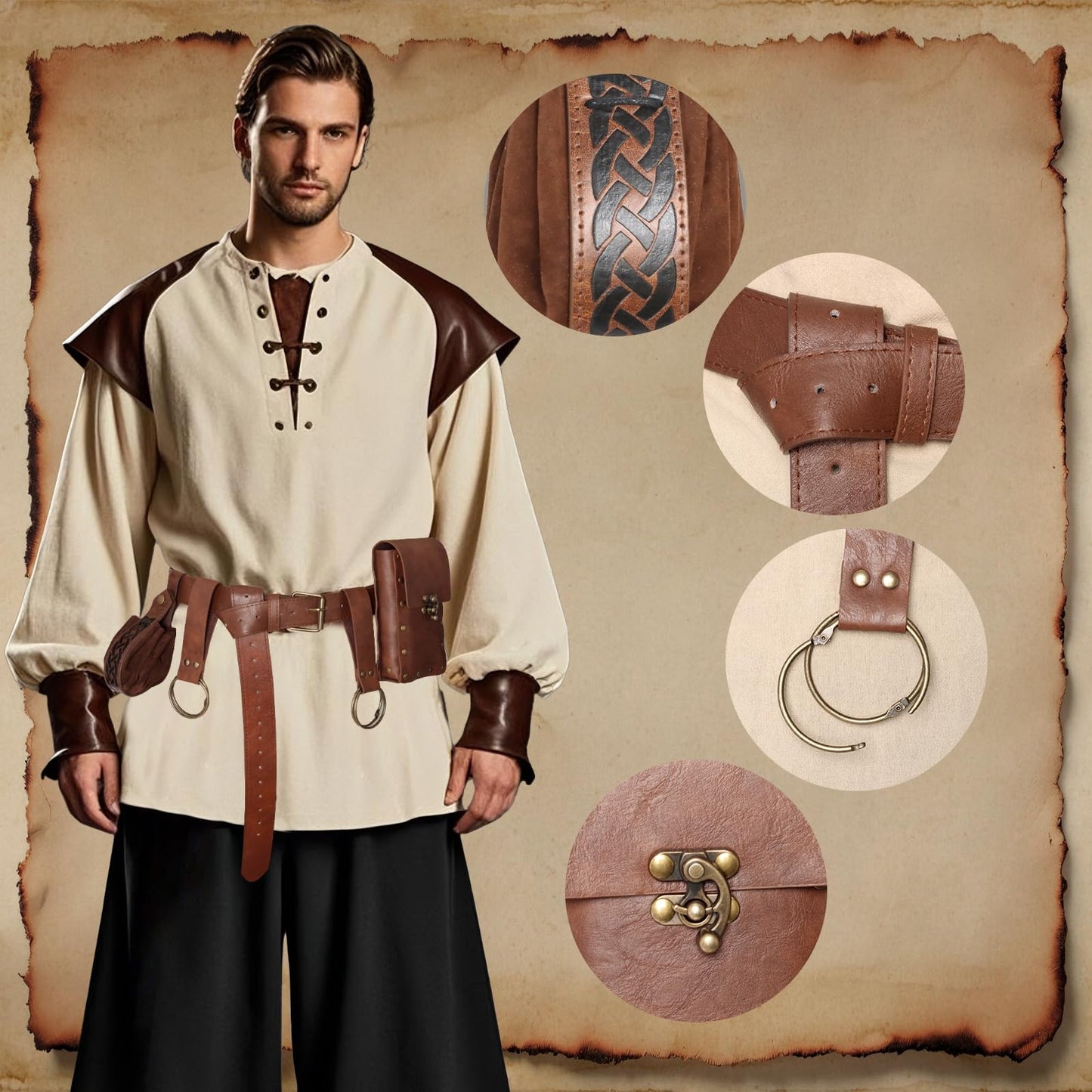 Renaissance Belt Pouch Medieval Viking Pirate Leather Bag Potion Bottle Set Skirt Hike Halloween Cosplay Costume Accessorie(Brown, Belt Pouch)