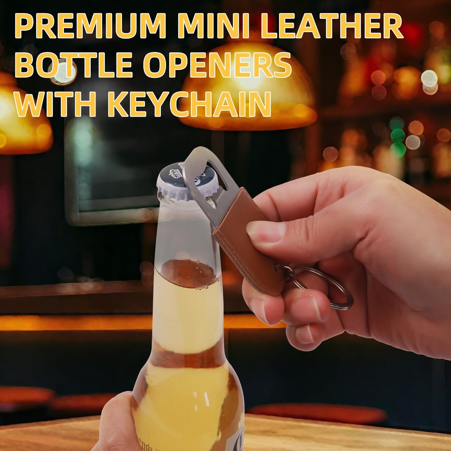 Yugada 100 Pack Leather Bottle Opener Keychain Stainless Steel Flat Beer Opener Keychain DIY Beverage Beer Bottle Openers for Party Favor Bartender Bar Restaurant