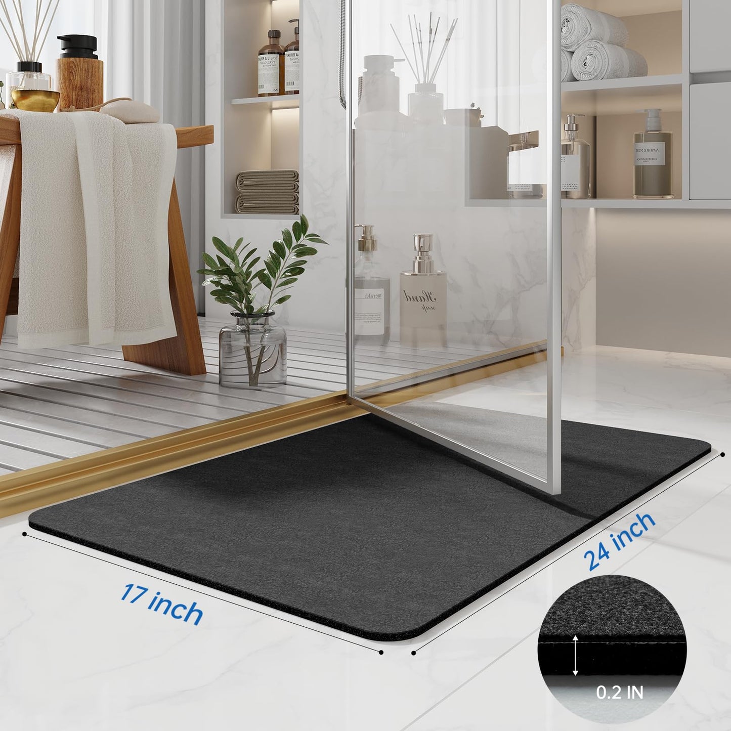 Bath Mat Rugs 24x17 - Diatomaceous Earth Bath Mat Quick Dry Absorbing Bathroom Rugs Rubber Non Slip Thin Bathroom Mat Fit Under Door, Bath Mats for Bathroom Floor, Tub and Shower, Sink, Dark Grey