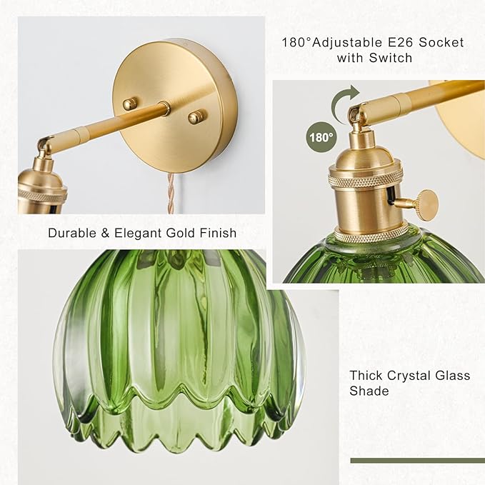 Plug in Wall Sconce, Vintage Sconce Light with Tulip Green Glass Lampshade, 180° Adjustable Wall Sconce with Switch and Plug in Wall Lamp Cord, Gold Wall Light for Bedroom Bedside