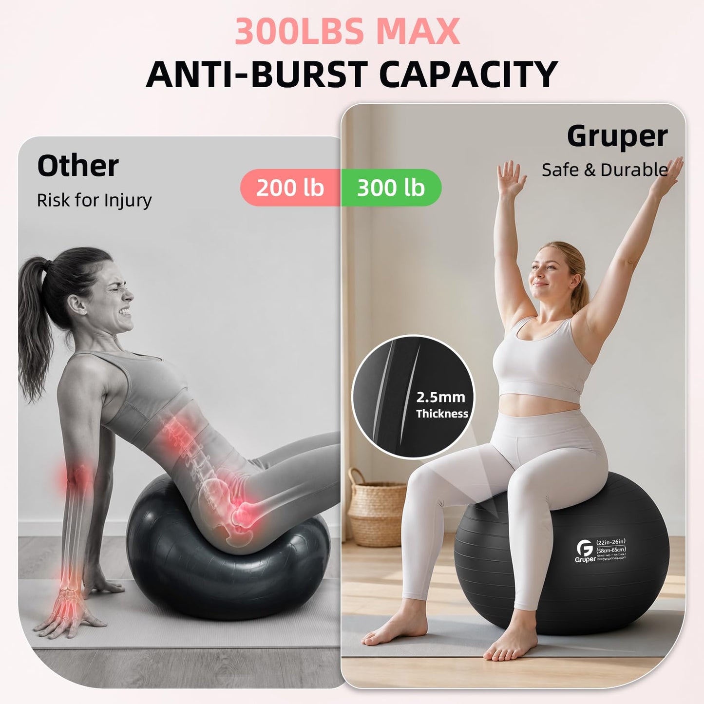 Gruper Exercise Ball, Extra Thick Yoga Ball for Working Out, Yoga & Pregnancy, 4 Sizes Anti-Burst Balance Ball with Foot Pump for Pilates, Physical Therapy & Fitness
