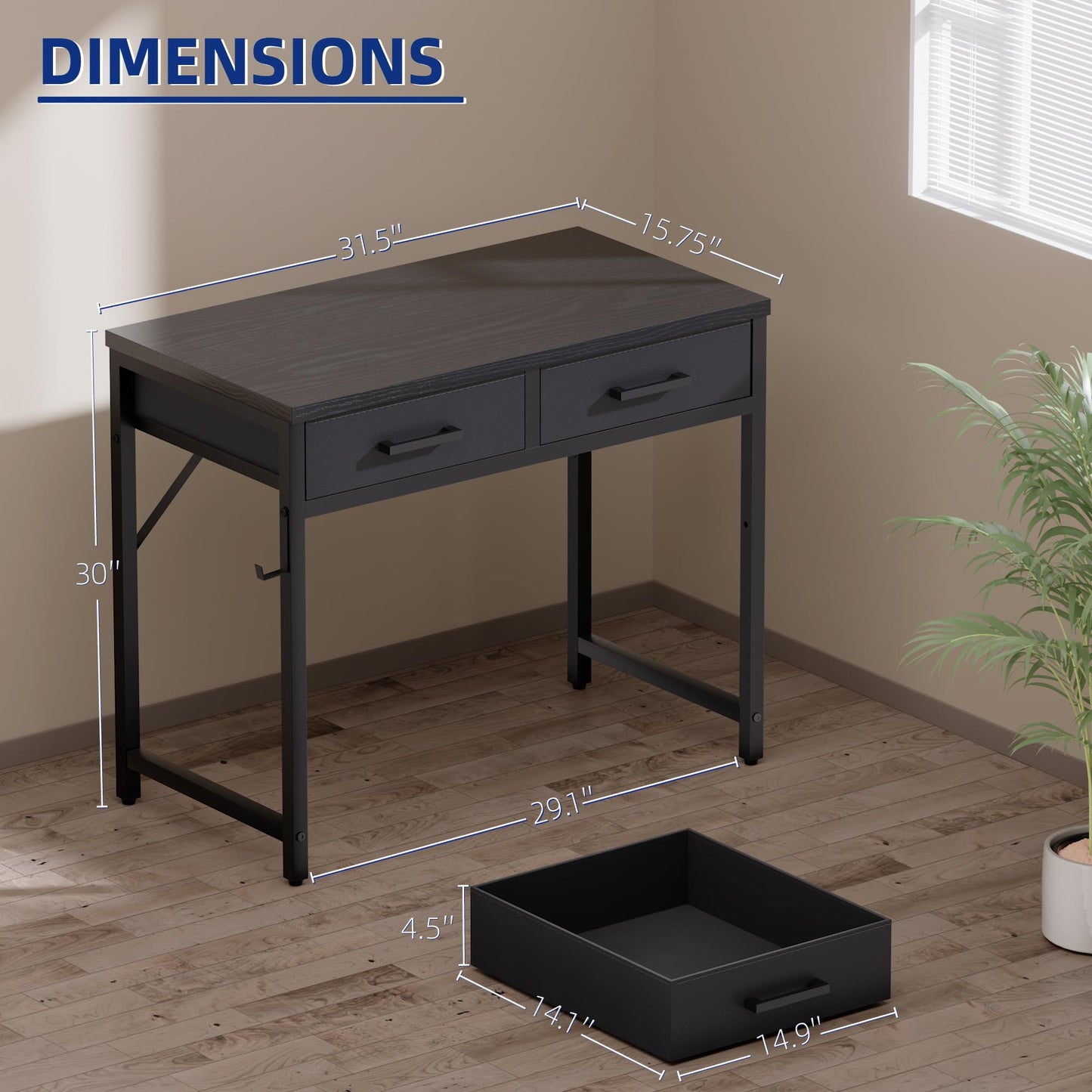 Pamray 32 Inch Small Computer Desk with 2 Drawers for Bedroom Study Writing Home Office Table for Small Spaces Black