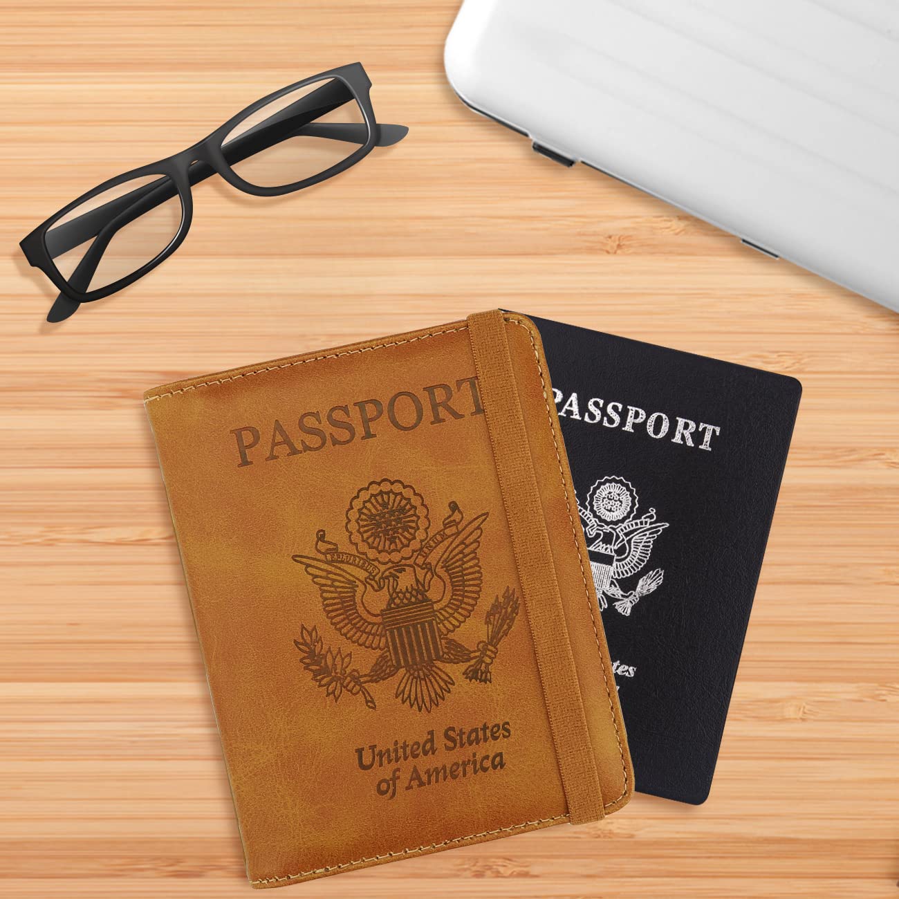 WALNEW Passport Holder for Travel, RFID Passport Cover Wallet for Women Men, PU Leather Passport Book Card Holder Case with Pen (Elastic Band Closure, AA-Brown+Rosegold)