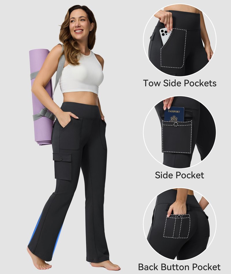 Yoga Flare Leggings for Women High Waisted Yoga Casual Pants Workout Leggings Cargo with 6 Pockets Bootcut Pants,Black XL