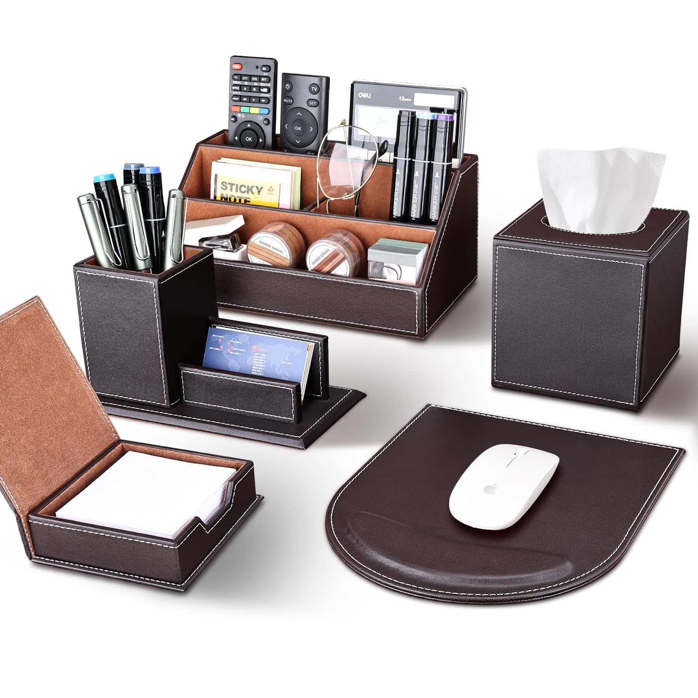 KINGFOM 5PCS Desk Organizer and Accessories Set, Pu Leather Office Supplies with Multifunction Desktop Organizer Storage Box, Tissue Holder, Mouse Pad, Note Paper Holder, Pencil Holder for Desk Brown