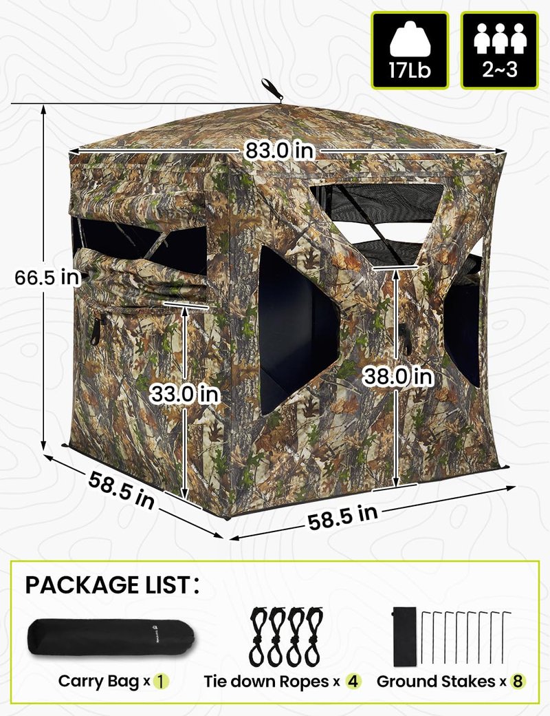 TIDEWE Hunting Blind 270°Full See Through with Windproof Curtain, Silent Magnetic Door & Sliding Windows, 2-3 Person Pop Up Ground Blind with Carrying Bag, 300D Portable Tent (FD Camo Half Seethrough)