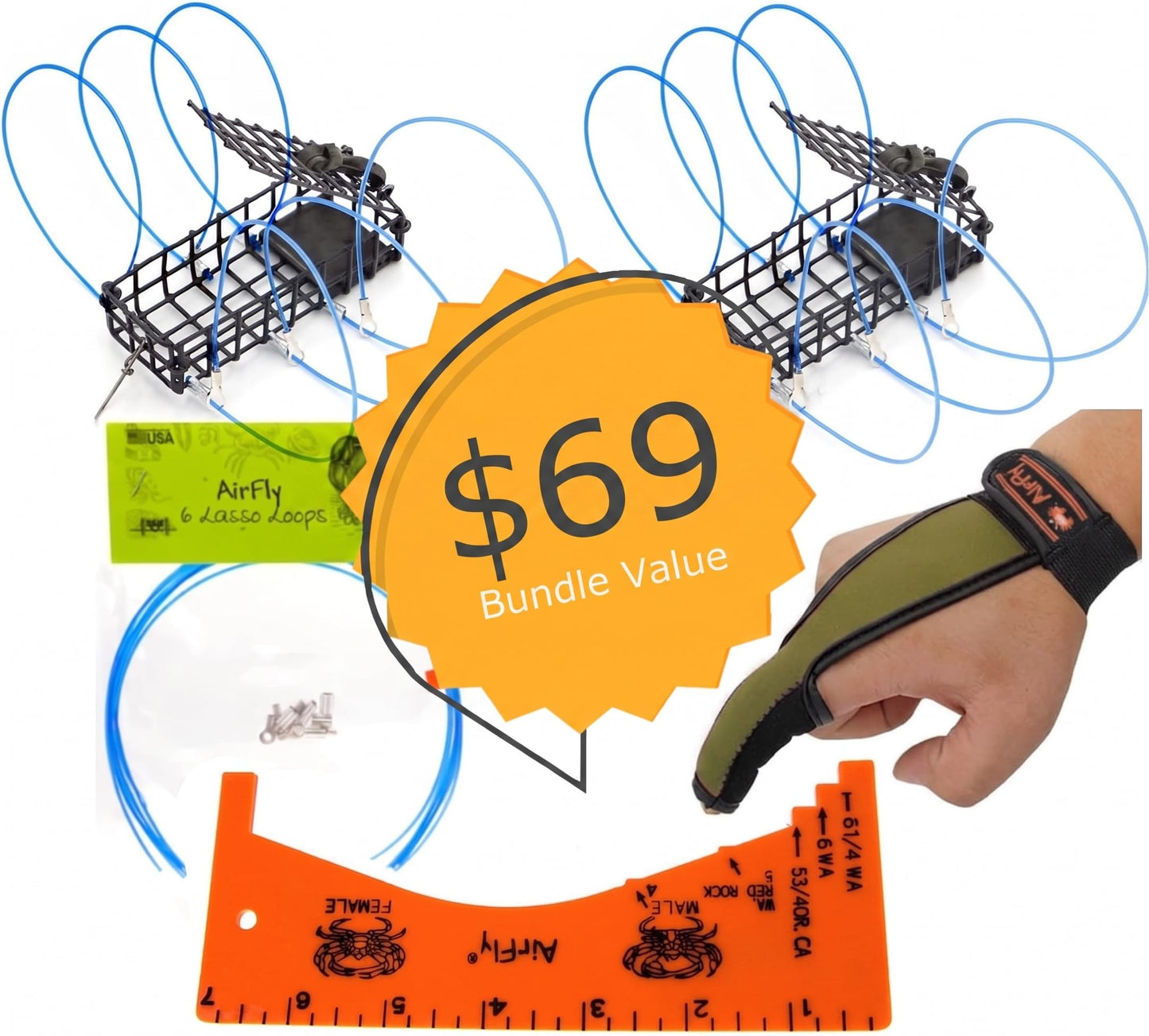 AirFly Castable Crab Trap for Pier, Jetty & Surf - 6-Loop Fishing Pole Crab Trap | Dungeness, Blue & Rock Crabs | Lead-Free | CA, OR, WA, MD & FL, Made in USA (2 Traps + Gauge Kit)