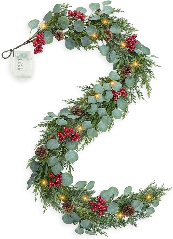 6FT Christmas Garland with Lights Artificial Pine Cypress Eucalyptus Garland with Red Berries Christmas Tips Cedar Garlands,Christmas Decorations Holiday Indoor Outdoor Winter Garland