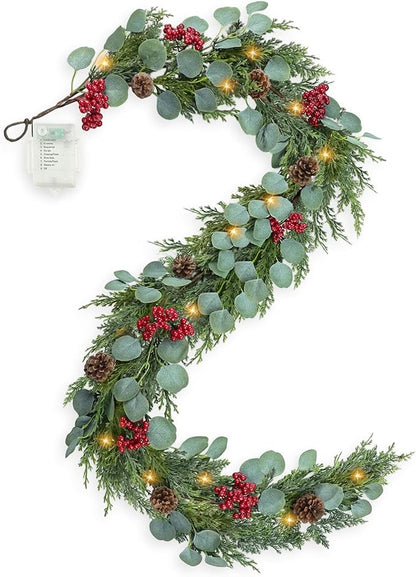 6FT Christmas Garland with Lights Artificial Pine Cypress Eucalyptus Garland with Red Berries Christmas Tips Cedar Garlands,Christmas Decorations Holiday Indoor Outdoor Winter Garland