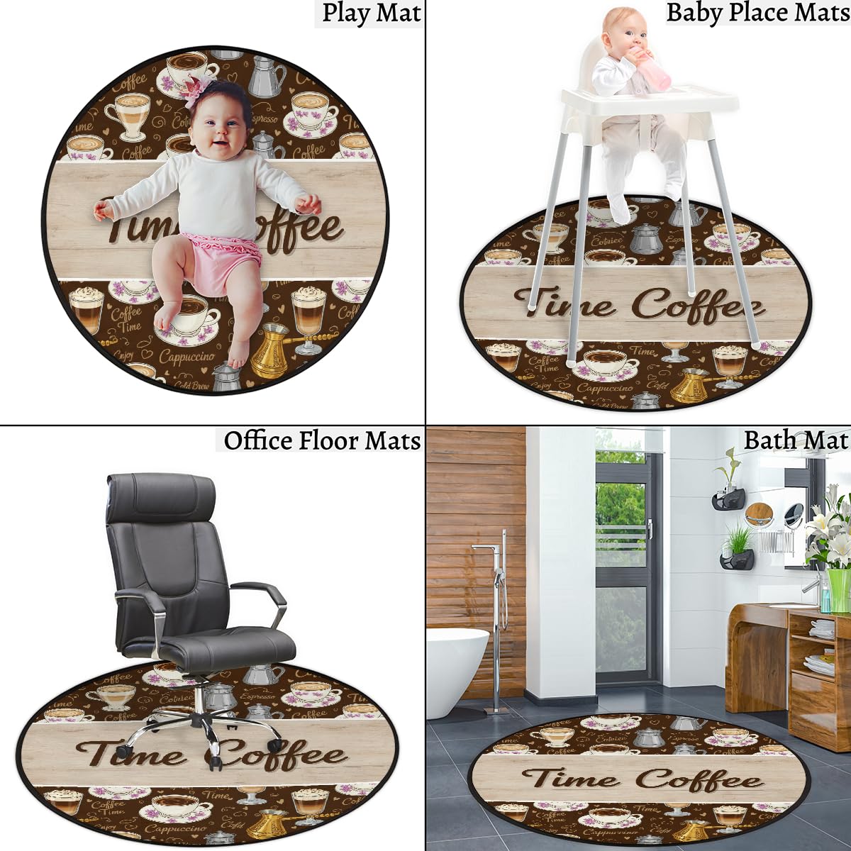 Round Area Rug 5Ft - Coffee Time Circle Entryway Rugs No Slip Washable Indoor Floor Throw Rug Carpet for Living Room Sofa Bedroom Under Dining Table, Aesthetic Decor