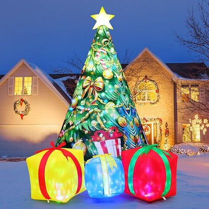 GOOSH 11.8 FT Christmas Inflatables Tree Outdoor Decorations Blow Up Christmas Tree Gift Box Yard with Colorful Light for Holiday Party Indoor Garden Lawn Decor (Yellow)