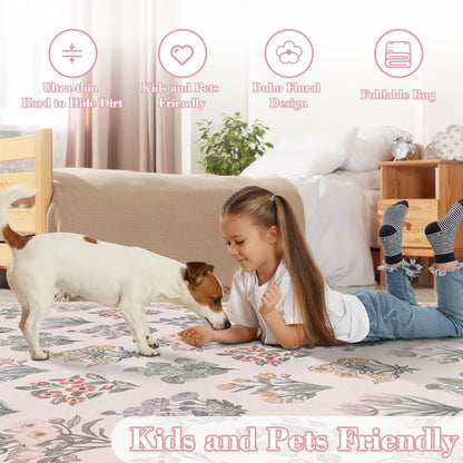 Wonnitar Pink Rugs for Bedroom Girls Nursery, Floral Print 5x7 Washable Rug, Boho Ultra-Thin Non Slip Soft Cozy Carpet for Room Decor Kids Playroom Office Living Room, Pale Pink