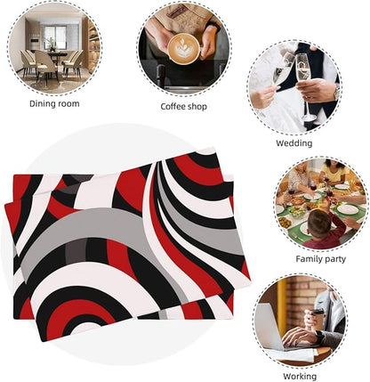 Black Red Retro Modern Swirl Linen Placemats Set of 4, Washable Heat Resistant Table Mats for Dining Table Kitchen Party Holiday Outdoor Farmhouse Gardening, Kitchen Home Decor, Black Red White Grey