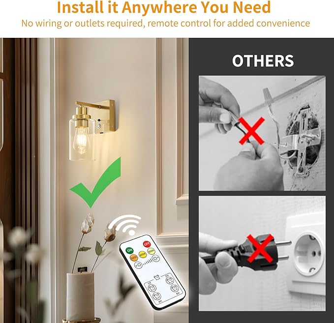 Battery Operated Wall Sconce Set of 2 with Remote 3-Color Rechargeable Wall Lights with 10000mA, Dimmable Wall Sconces Set of Two Battery Operated for Bedroom Living Room Hallway Decor (Gold)