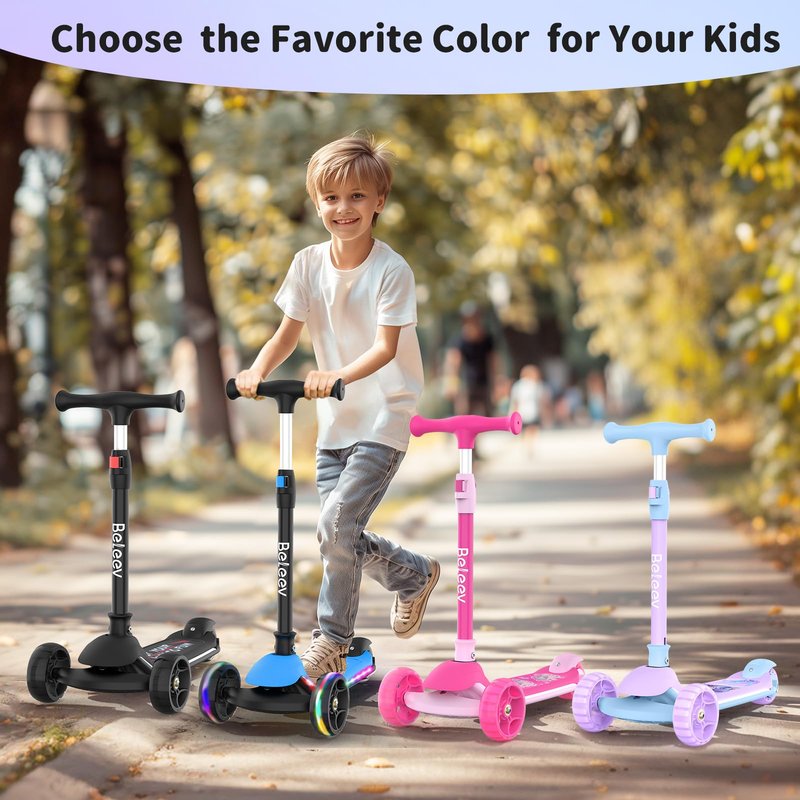 BELEEV Kids Scooter with LED Light-Up Wheels & Deck, 3 Wheel Folding Scooter for Toddlers Girls Boys Ages 3-12, Adjustable Handlebar, Lean to Steer, Extra Wide Wheel, Kick Scooter for Children (Blue)