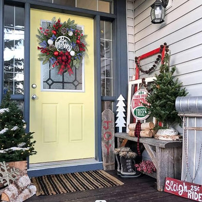 Prelit Christmas Wreath for Front Door Outside,22 inch Be Merry Wreath with red Black tarten Plaid Bow,Lighted Farmhouse Christmas decoration-30 LED Light/Timer,Winter Door Wreath, Porch Decor