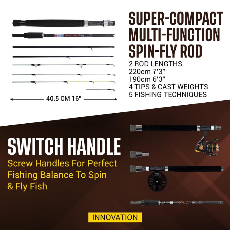 Rigged & Ready X5 Fishing Rod Combo with 2 Reels & Case – Super Compact, Multi-Functional Travel Rod – 1 Rod = 5 Fishing Techniques (Spin, Float, Feeder, Fly & General Freshwater/Saltwater)