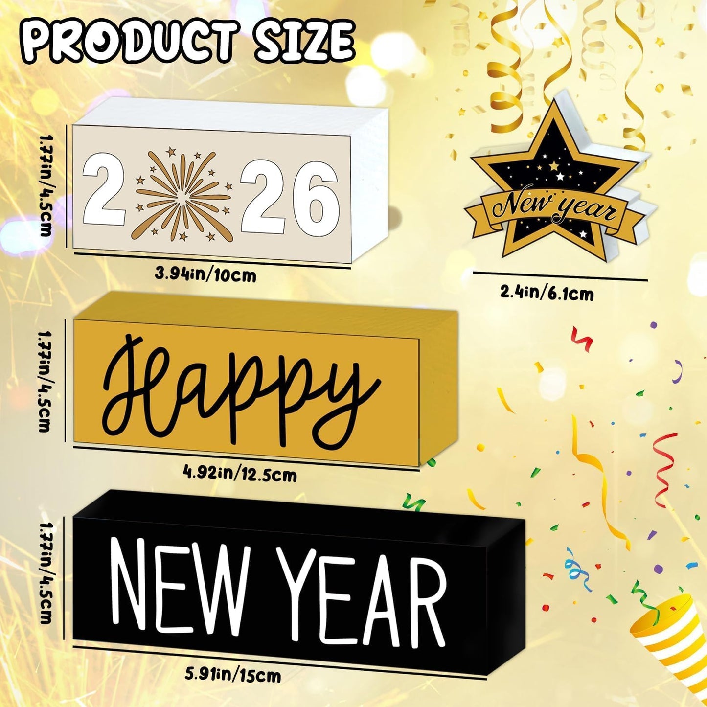4 Pcs Wooden Happy New Year Tabletop Decor 2026 Wooden Block Signs Star Tabletop Decor Tiered Tray Rustic Table Centerpieces
