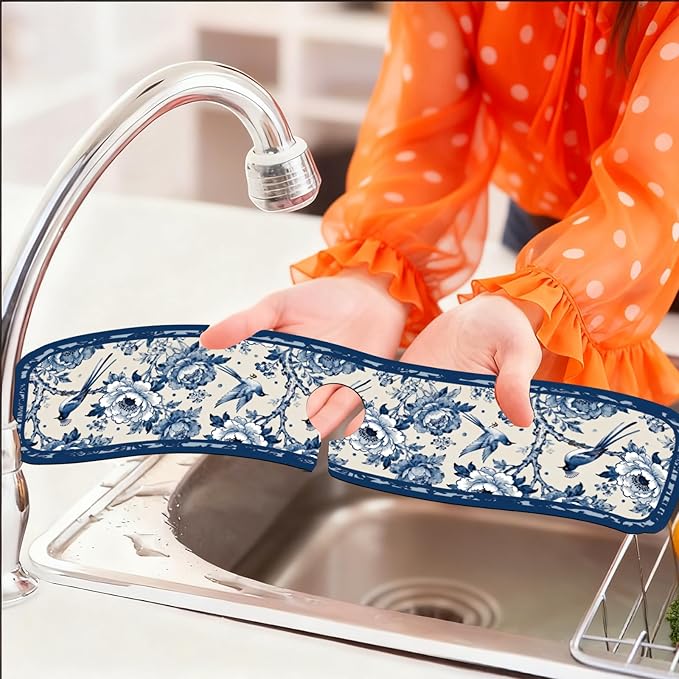 2 Pcs Kitchen Sink Splash Guard Faucet Mats Vintage Porcelain Flowers and Birds