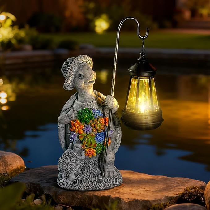Solar Garden Outdoor Statue Turtle with Hanging LED Lantern —Outside Solar Turtle Decor for Garden,Home,Lawn,Yard, Balcony Ornament- Unique Housewarming Gifts