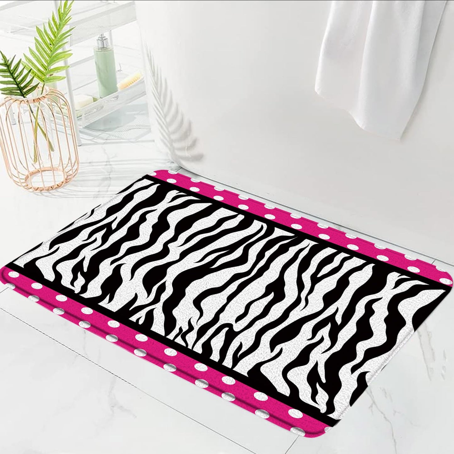 Sunhe Zebra Print Bath Mat Black White Zebra Stripe Polka Dot on Pink Creative for Girls Woman Modern Romance Memory Foam Home Office Door Bathroom Decor Mat,17.8"x29.5"
