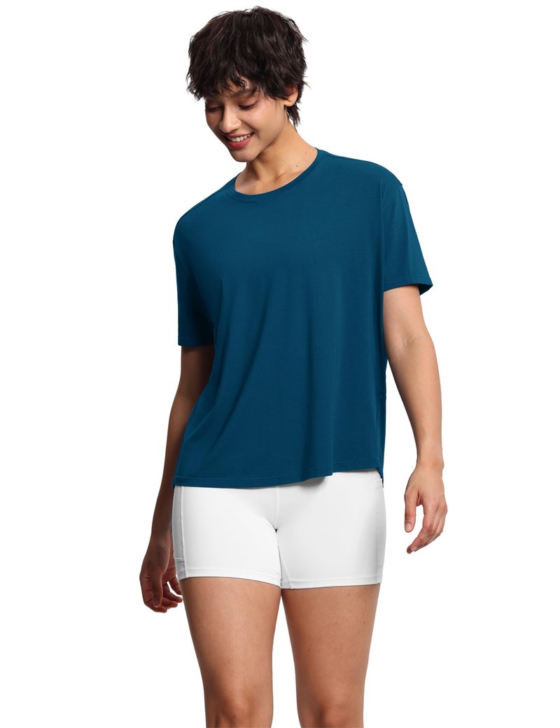 THE GYM PEOPLE Women's Short Sleeve Workout T-Shirts Back Loose Fit Running Yoga Tee Tops Dark Blue Green