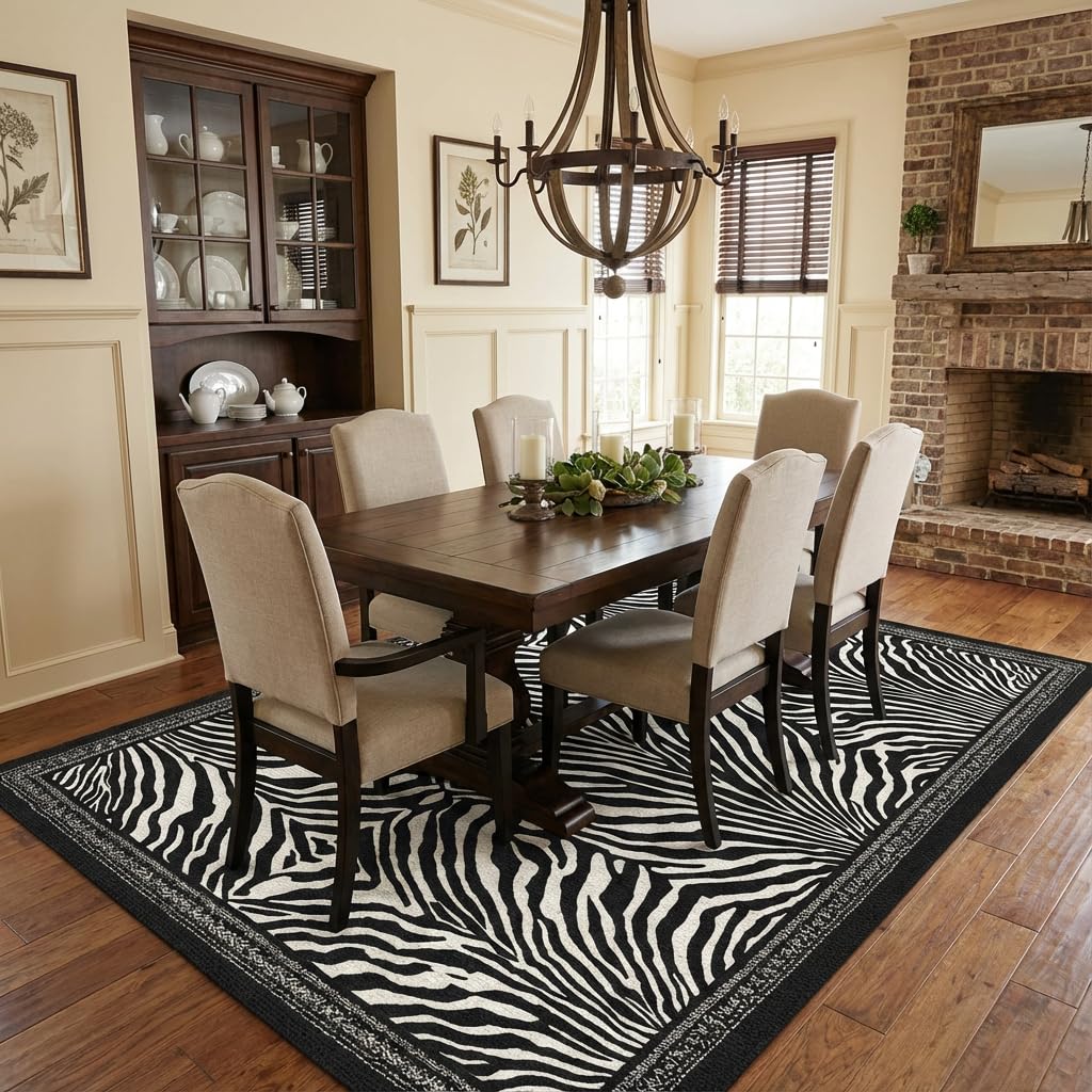 BreezeRise 5x7 Area Rug for Living Room,Modern Abstract Black and White Zebra Print Rug,Non-Slip Washable,Bedroom, Dining Room, Home Office