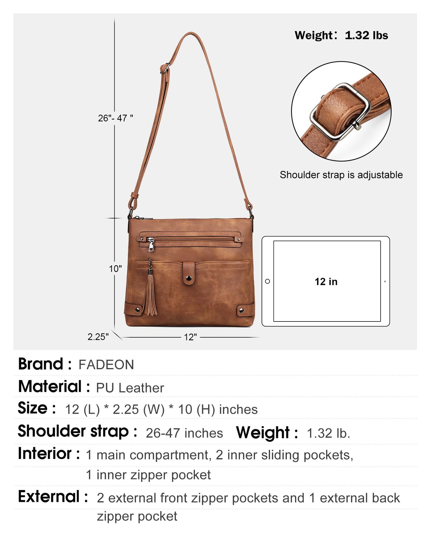 FADEON Large Crossbody Bags Purses for Women Crossbody Bag, Designer Faux Leather Cross Body Purse Multi Pocket Shoulder Bag Brown