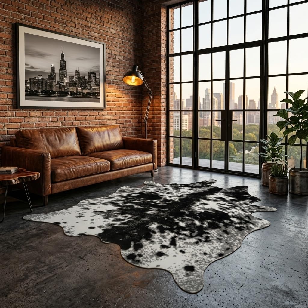 MustMat Faux Cowhide Print Rug, Modern Industrial Man Cave Decor 5'2"x6'7"