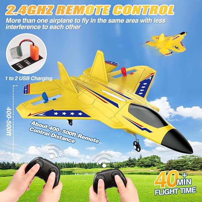 Fremego F22 RC Airplane 2.4GHz Remote Control Plane with Gyro Stabilizer LED Lights &amp Dual Batteries Easy Fly RC Glider for Kids Boys Adults Beginners(Yellow)