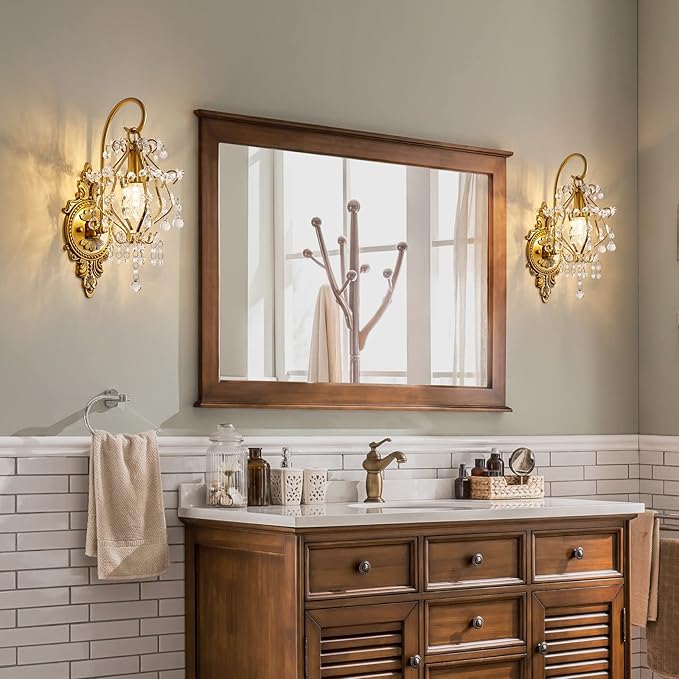 Gold Crystal Vintage Wall Sconces Set of 2 Indoor Hardwired Wall Light Fixture, Modern Wall Mount Lamp Light for Bedroom Living Room Bathroom Vanity Light Hallway Light Fixture Decor LED E12