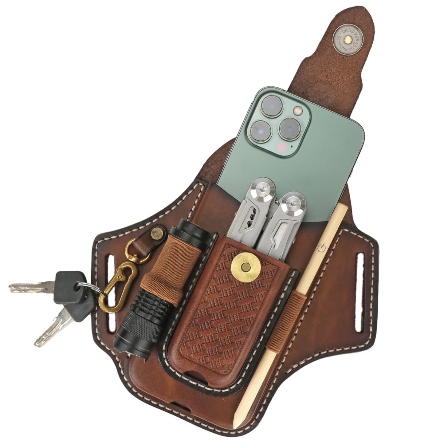 Tourbon Leather Cell Phone Holster Pouch Case Tool Multitool Sheath Flashlight Slot Holder & Keychain Clip with Magnetic Closure for Belt (Brown)