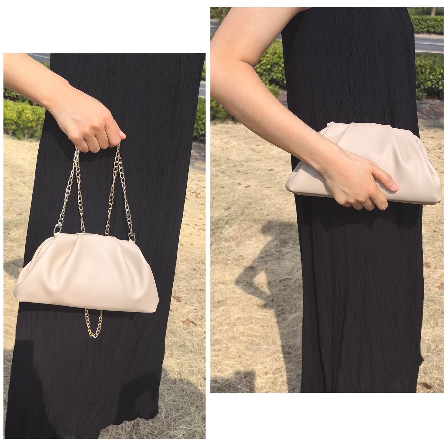 Huralona Dressy Pleated Evening Clutch Chic Soft Vegan Leather Purse Bag Pleated PU Ruched Handbag Adjustable for Women (Nude)