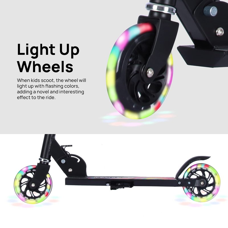TENBOOM Scooter Toys for Kids Ages 6-12/3-5, Max Load 220 LBS, Foldable Lightweight Kick Scooter with Light Up Wheels, Kickstand, 3 Adjustable Levels, Rear Brake, Black