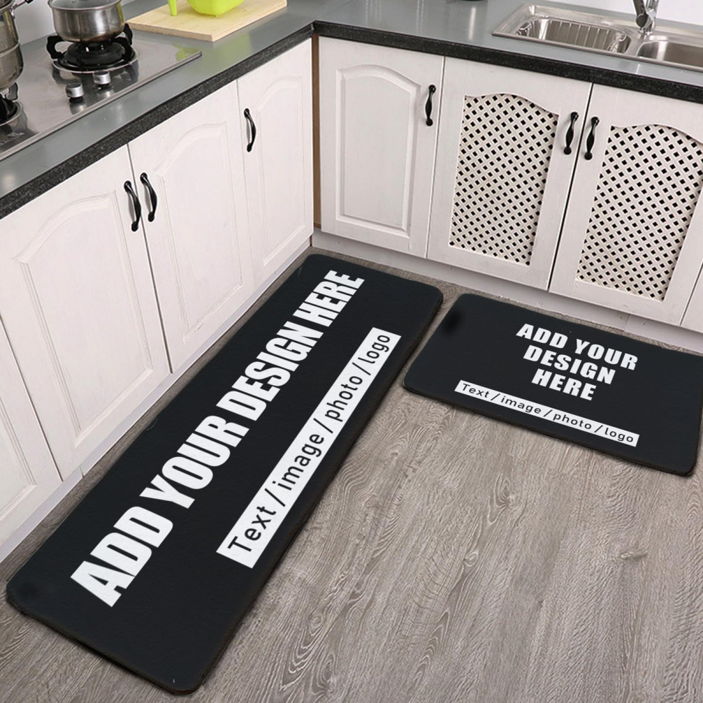 RoPox Personalized Kitchen Mat for Floor,Cushioned Anti-Fatigue,Waterproof Non-Slip Rugs,Custom Kitchen Mat Set of 2 - Add Your Photo Logo Text,Washable Decorative Area Carpet for Home Office Laundry