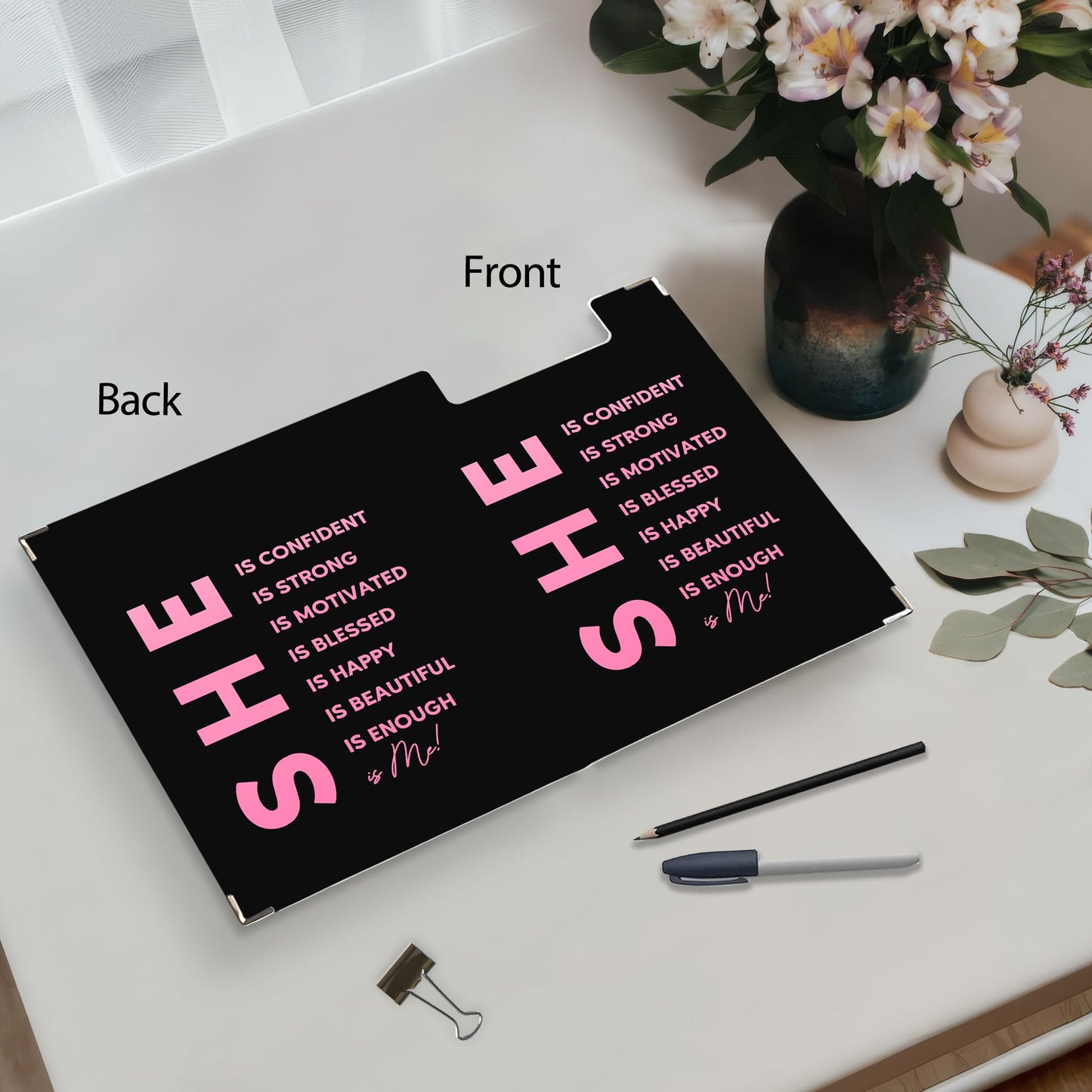 Ku-dayi Inspirational Positive Clipboard Padfolio with Storage Pocket, She is Me Motivational Affirmations Low Profile Clip Boards for Nurse Office Classroom, Gifts for Women Girls, 12.4 x 9.25 in