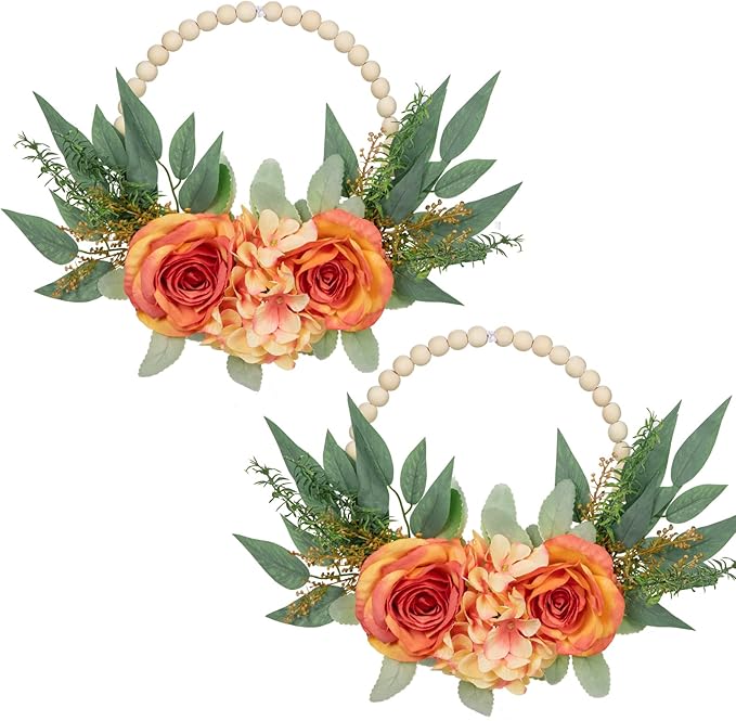 Spring Wreaths for Front Door 10" Artificial Floral Wood Bead Wreaths Eucalyptus Leaves Rose Hydrangea Wreaths for Front Door Boho Farmhouse Wall Decor 2 Pack - Orange