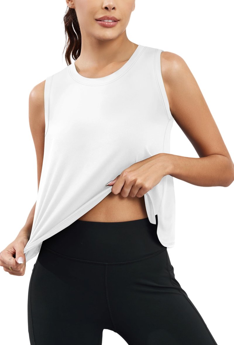 KevaMolly White Workout Tank Tops for Women Flowy Cropped Shirts UPF50+ Breathable Crew Neck Athletic Yoga Running Crop Tops M