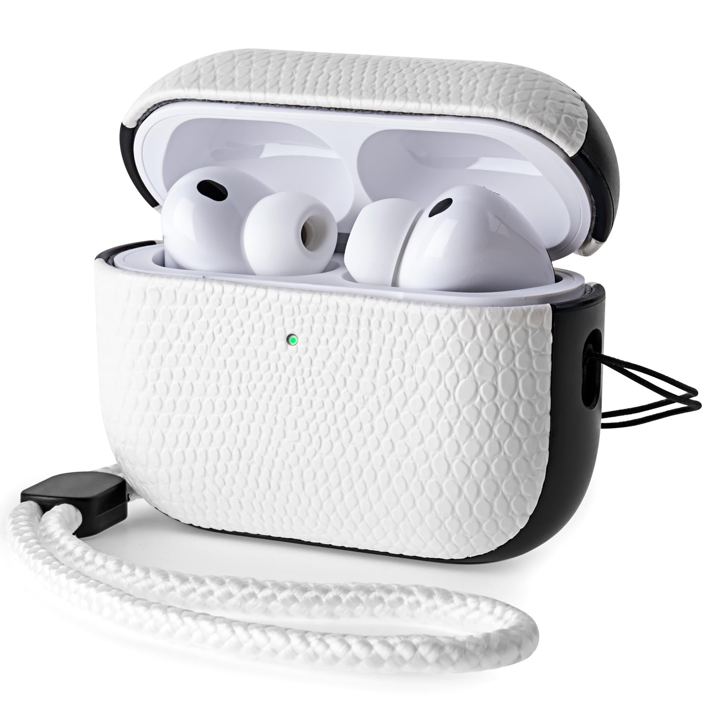 RIXENY Leather Case for AirPods Pro 3 (3rd Gen 2025), Adjustable Lanyard, Vegan Lizard Texture Leather, Hard Shell, Scratch/Shock Proof, Wireless Charging, for Fashion & Luxury Lovers, White
