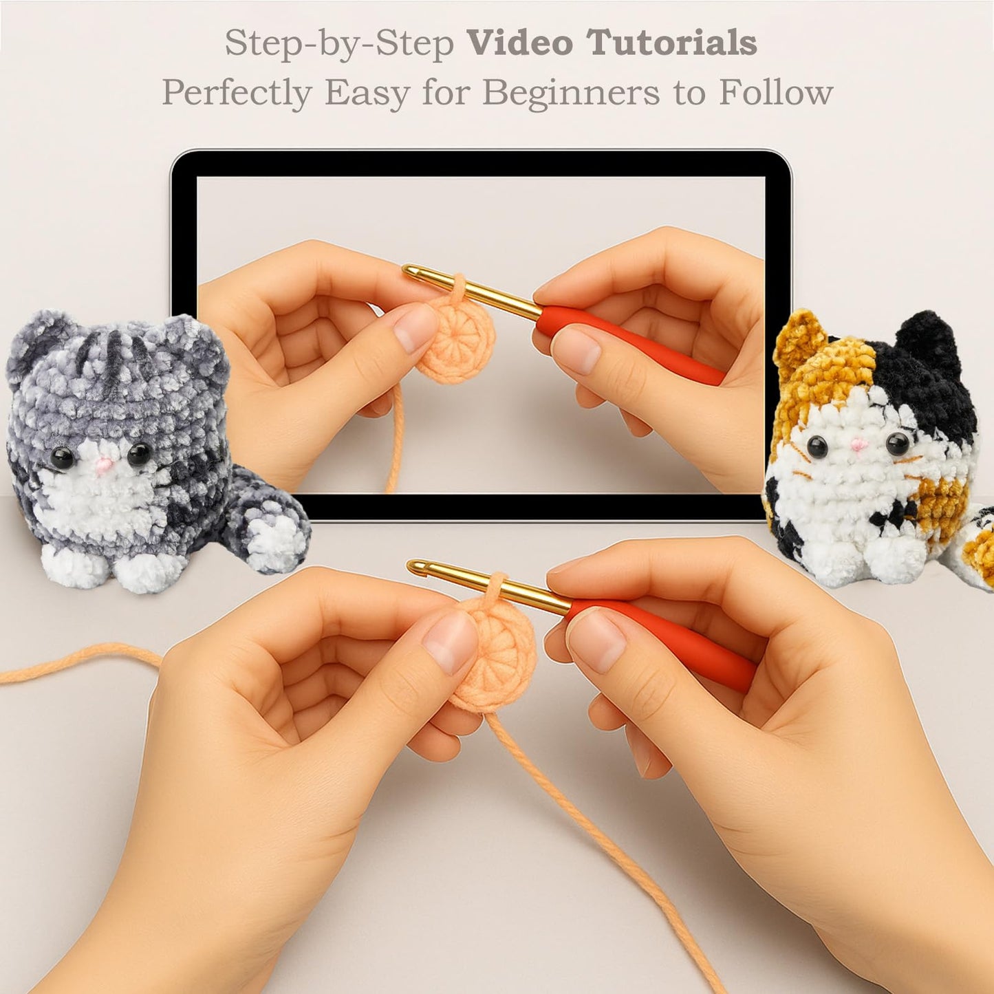 HOUSE CREATIVITY Chenille Crochet Kit for Beginners, Make 2 Ultra-Soft Cat Plushies, Amigurumi Crochet Starter Kit with Video Tutorial, Plush DIY Craft Kit with Chenille Yarn, Hook, Eyes & Stuffing