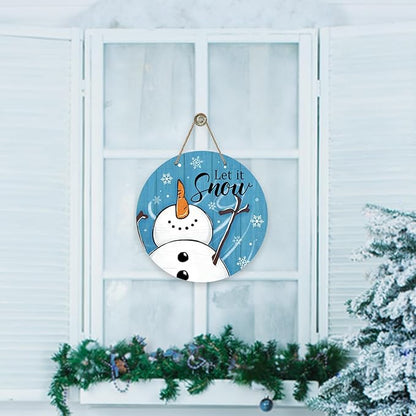 Deroro Winter Snowman Blue Front Door Sign, Let It Snow Farmhouse Wood Door Hanger Outdoor Outside Porch Decor, Christmas Seasonal Snowflake Wooden Wreath Indoor Wall Hanging Decoration