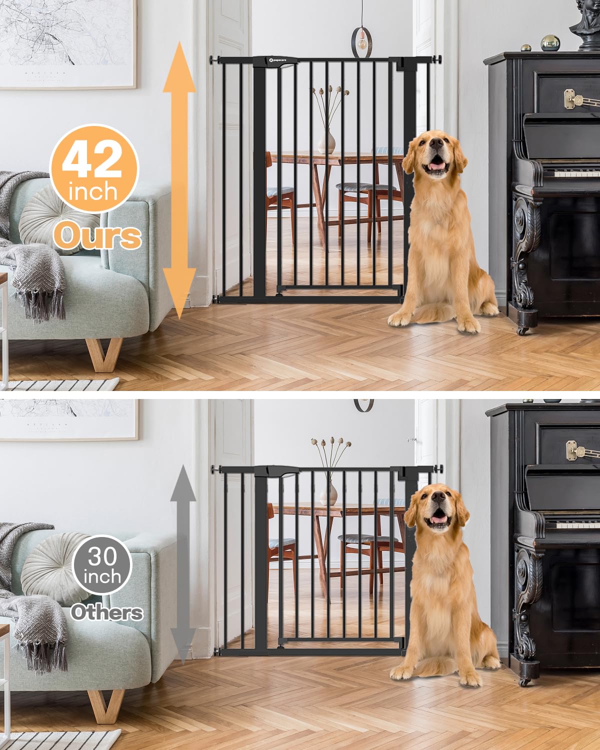 Papacare 42" Extra Tall Baby Gate for Stairs Doorways, Fits Openings of 29.5" to 40.5" Wide, Auto Close Extra Wide Baby and Pet Gate for Doorways and Stairways,Pressure Mounted Dog Gates, Black