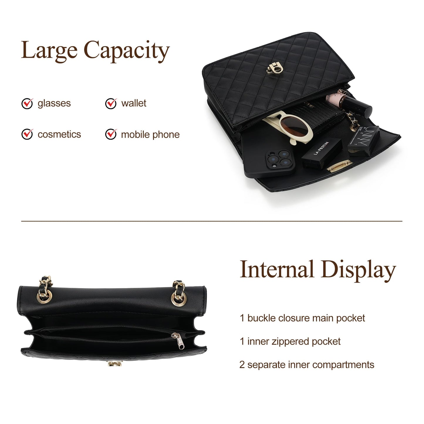 GEMIU Quilted Crossbody Purse for Women Small Women's Shoulder Handbags Womens Clutch Purses with Gold Chain Dressy Black